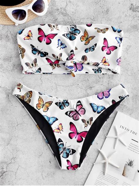 [35 Off] 2021 Zaful Reversible Butterfly Print Knotted Bandeau Bikini