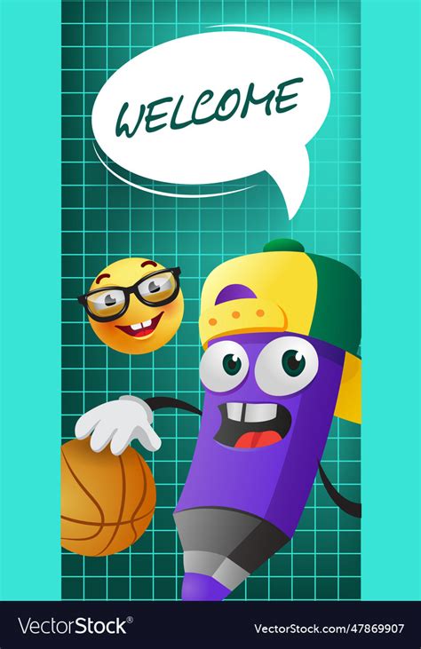 Welcome lettering with cartoon pencil character Vector Image