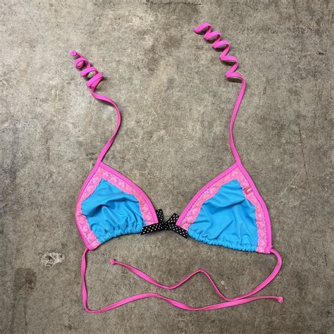 Pink And Blue Bikini Top With Lace And Polka Dot Depop