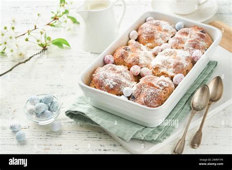 Easter Hot Cross Buns Traditional Easter Treats Cross Buns With Raisins Butter Chocolate