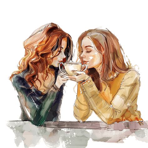 cute girlfriends drink tea cute cartoon people png transparent image