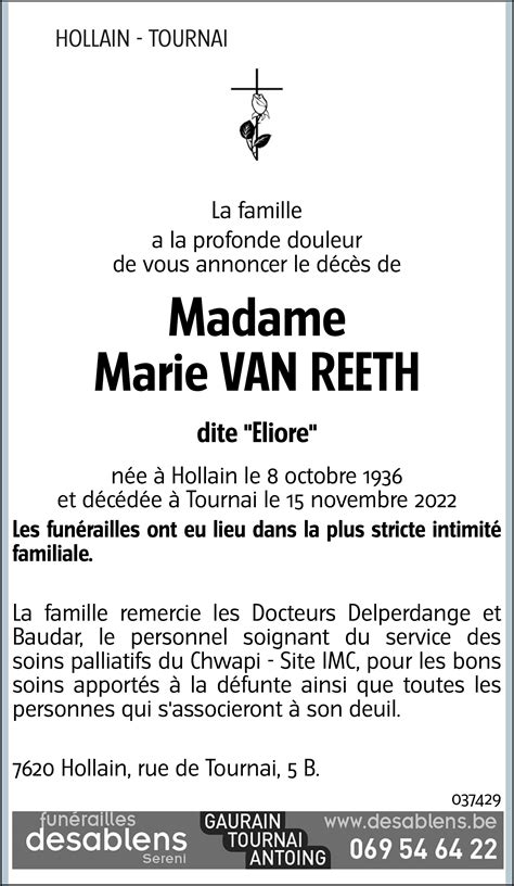 Marie VAN REETH 15 11 2022 Avis nécrologique lavenir net