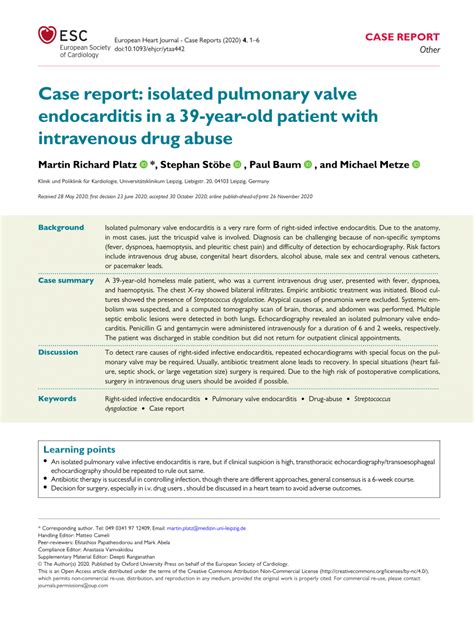 Pdf Case Report Isolated Pulmonary Valve Endocarditis In A 39 Year Old Patient With