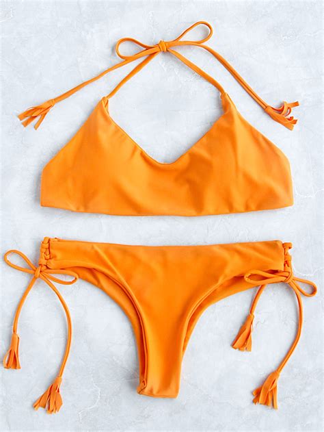 Shop Yellow Side Tie Halter Bikini Set Online Shein Offers Yellow Side