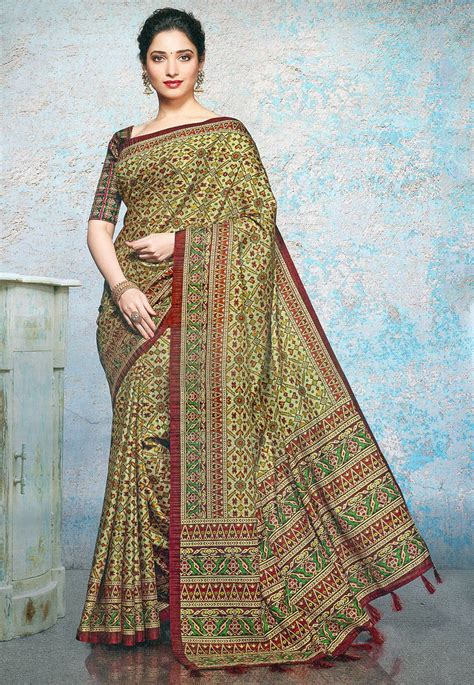 Patola Printed Linen Silk Saree In Olive Designer Saree Blouse