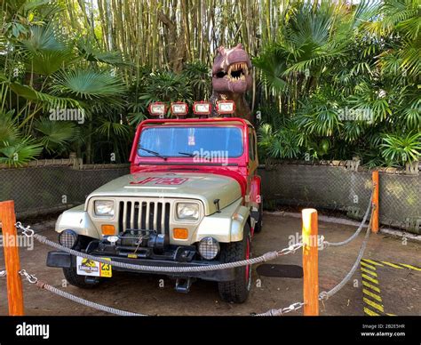 Orlando, FL/USA-2/17/20: Jurassic Park jeep and Tyrannosaurus rex at ...