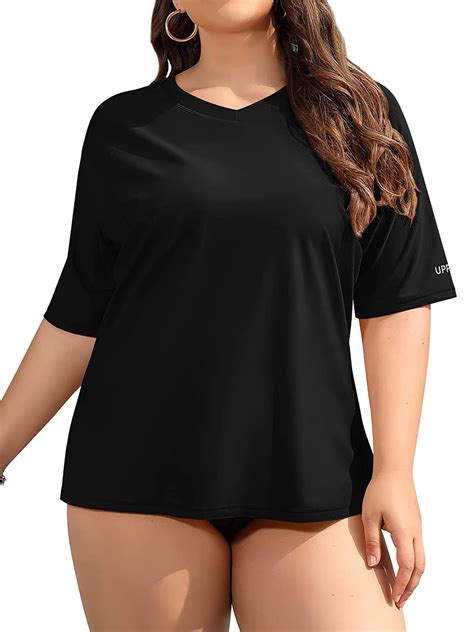 Womens V Neck Plus Size Rash Guard Stretchy Solid Swim Shirt Upf 50