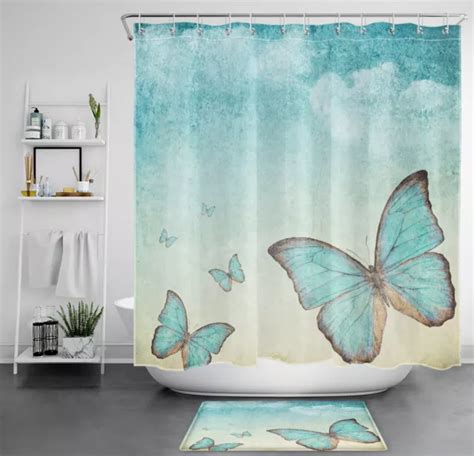 DREAMY FANTASY NATURE Retro Blue Butterfly Shower Curtain Set For