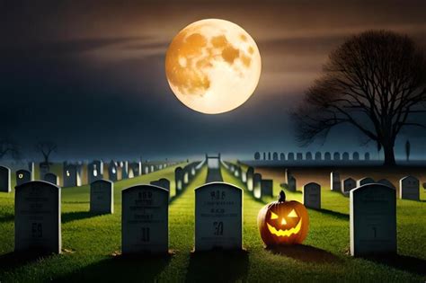 La luna llena brilla detrás de un cementerio con una calabaza Foto