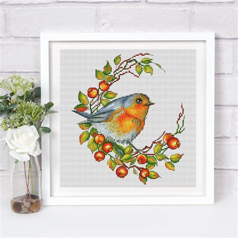 Bird And Rosehip Branch Cross Stitch Pattern Pdf Bird Cross Inspire Uplift