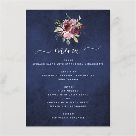 Burgundy Navy Blue Geometric Floral Wedding Menu Zazzle