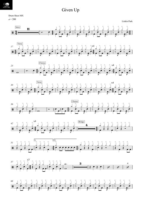 Given Up Arr Drum Sheet MX By Linkin Park Sheet Music For Drums At