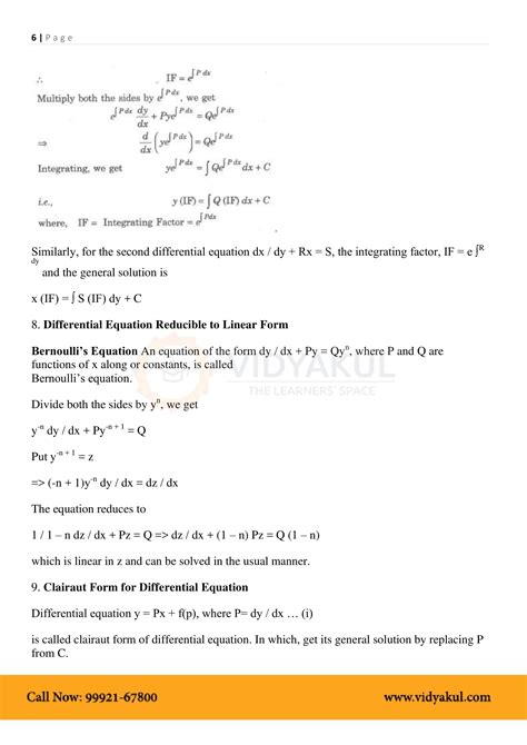 Class Th Math Differential Equations Formulas Cbse