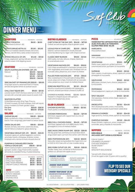 Menu at Surf Club Palm Cove, Palm Cove