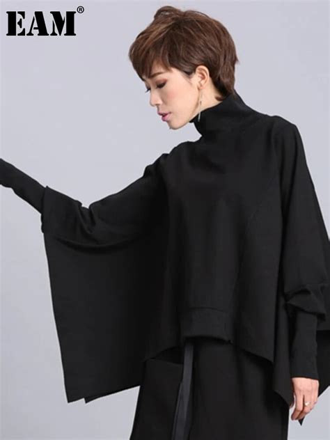 Eam Loose Fit Black Asymmetrical Big Size Sweatshirt New Turtleneck