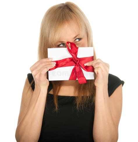 Beautiful Blonde Woman And Gift Postcard In Her Hands Feast Day Of St Stock Photo Image Of