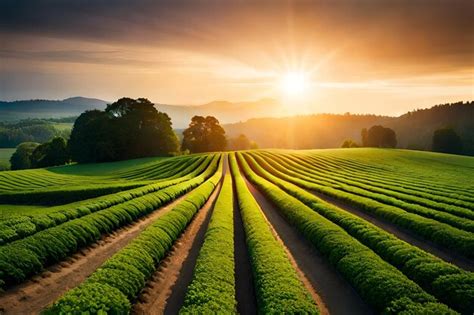 Premium AI Image | farm with a sunset in the background