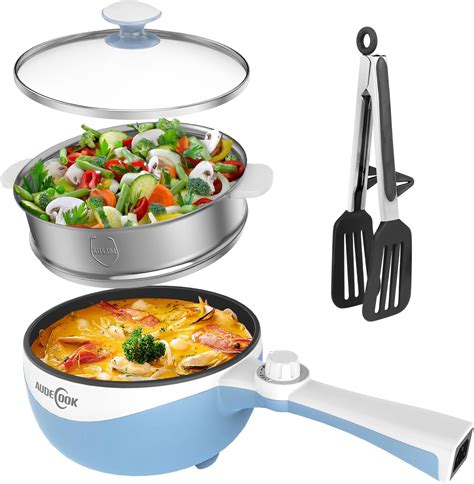 Audecook Electric Skillet With Steamer 1 5L Electric Hot Pot Mini Non Stick Frying Pan 20cm
