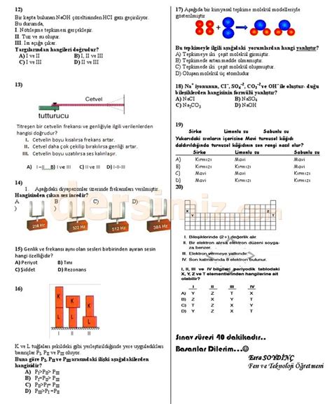 8 Sınıf fen ve teknoloji dersi 2 dönem 1 yazılı sınav soruları soru
