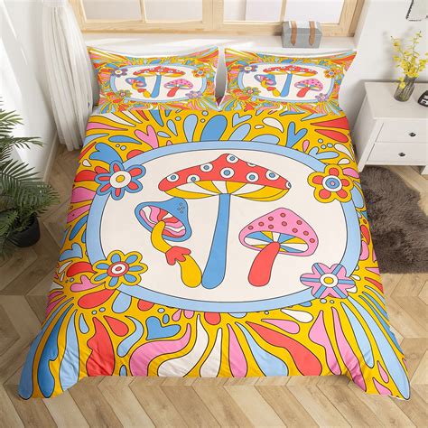 Yst Hippie Mushroom Bed Set Groovy Flower Duvet Cover For Girls