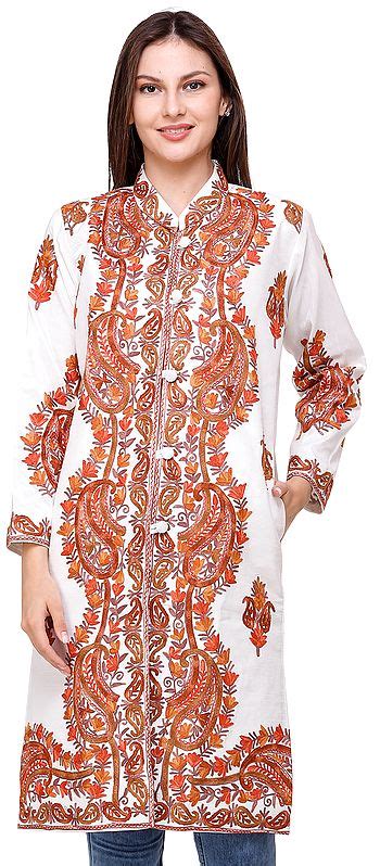 Bright White Long Jacket From Amritsar With Aari Embroidered Paisleys