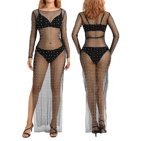 KelaJuan Women Bikini Cover Ups Pearl Decor Mesh See Through Crew Neck