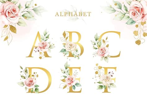 Premium Vector Watercolor Floral Alphabet Set With Golden Leaves