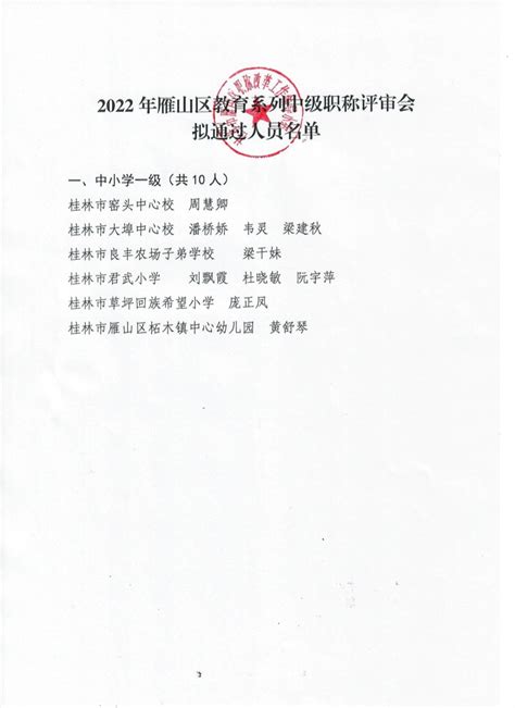 2022年度雁山区中小学教师系列中级职称评审结果进行公示的公告 2022年职称公示 广西职称评审中心