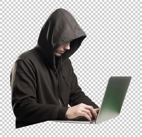 Homem Capuz Usando Laptop Ou Um Hacker Isolado Em Fundo