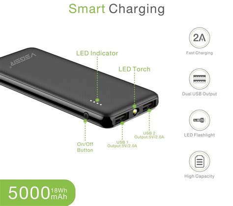 1000 5000 MAH VEGER W0533 Black Slim Body 5000mAh Power Bank With LED