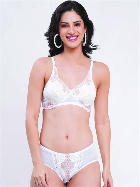 Buy Reveira Self Design Non Wired Non Padded Lingerie Set Victoria Set White Lingerie Set