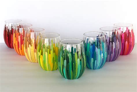 Rainbow Collection Color Burst Wineglass Set Of Hand Painted Oz