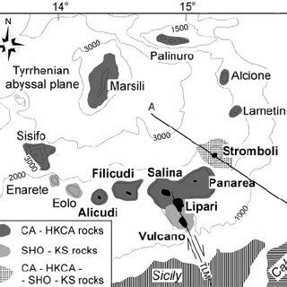 Map showing the location of the Aeolian Islands volcanoes (in black ...