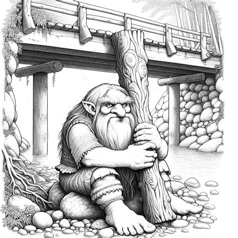Il troll è seduto sotto il ponte e tiene un grande tronco di legno come