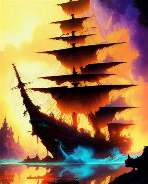 Ghost Ship Fantasy Art Golden Hour AI Photo Generator Starryai