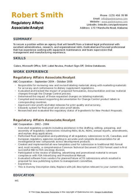 Regulatory Affairs Associate Resume Samples Qwikresume