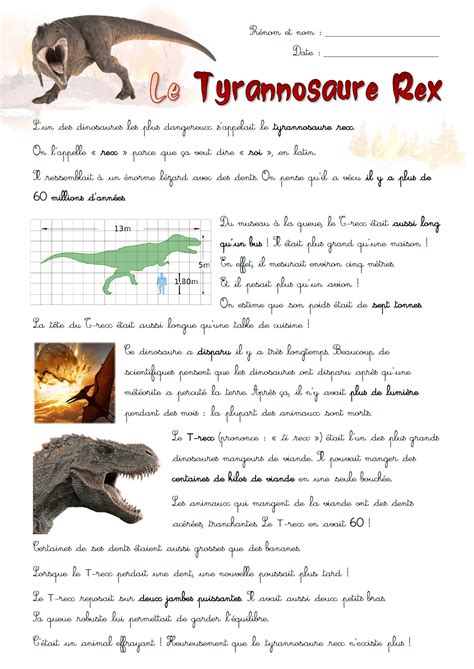 Exercice Sur Le Tyrannosaure Rex Texte Et Questions Pdf