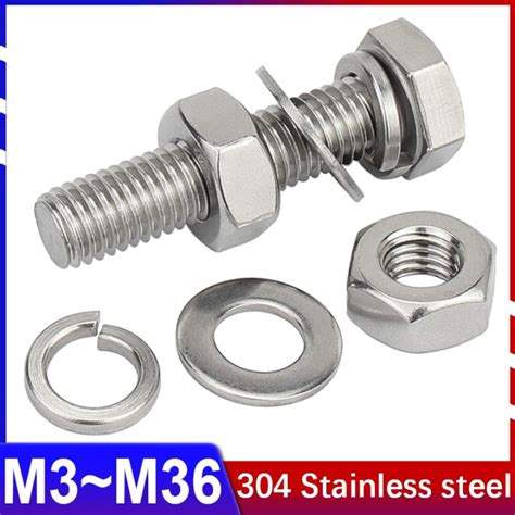 4 In1 304 Stainless Steel Hexagon Bolt Screw Nut Flat Washer Spring