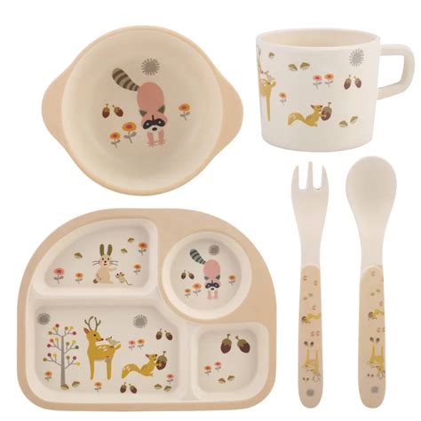 5Pcs/Sets Baby Tableware Dish Set Bamboo Fiber Feeding Plate Bowl With ...