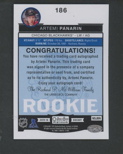 2015 16 O Pee Chee OPC Platinum Hockey 186 Artemi Panarin RC Rookie