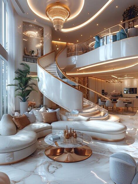 Modern luxury mansion interior design cream marble floors and walls ...