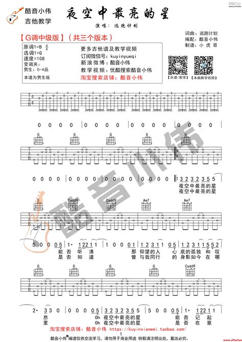 逃跑計劃《夜空中最亮的星》g調原版（酷音小偉吉他教學）》吉他譜（共3張圖片） 吉他譜