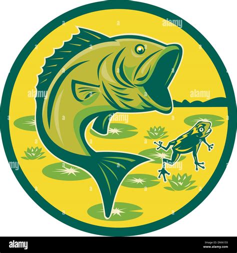 Illustration Of A Largemouth Bass Jumping With Frog And Lily Pads Set Inside A Circle Done In