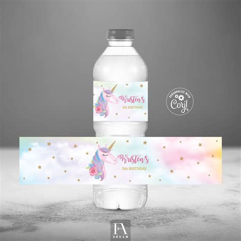 Unicorn Water Bottle Label Template Unicorn Colorful Girl Birthday Party Table Decor Printable