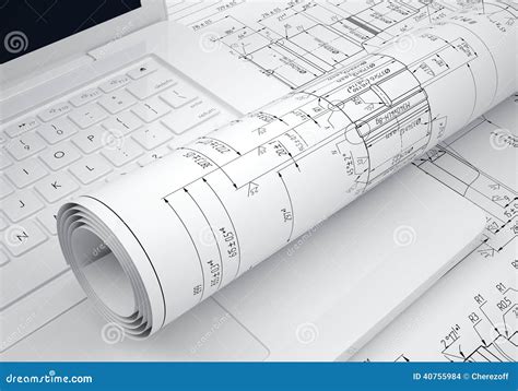 Technische Konstruktionszeichnungen Und Laptop Der Rollen Stockfoto