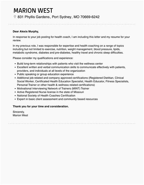 Health Coach Cover Letter Velvet Jobs