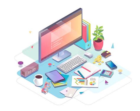 Isometric Concept Of Workplace With Computer And Office Equipment