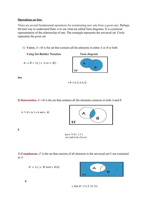 Operations-on-Sets - OPERATIONS ON SETS - Operations on Sets There are several fundamental - Studocu