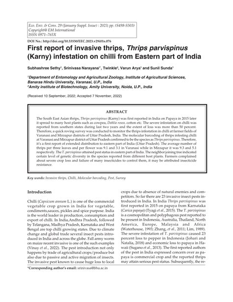 Pdf First Report Of Invasive Thrips Thrips Parvispinus Karny