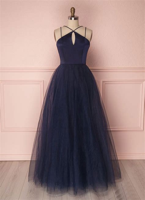 Simple Navy Blue Tulle Open Back Long Evening Dress Prom Dress From